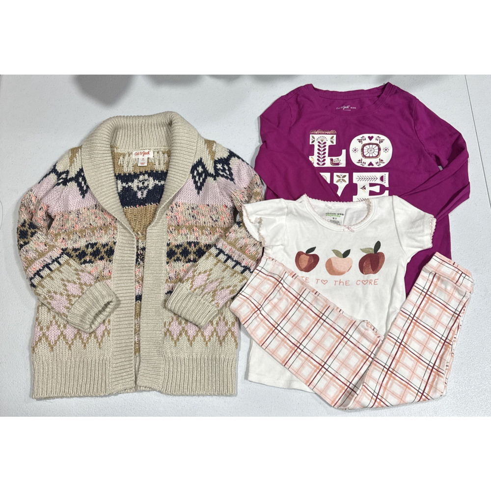 Girls Clothes 4T Cat&Jack Knit cardigan Sweater and Tee, Chick Pea Pajama set Pj
